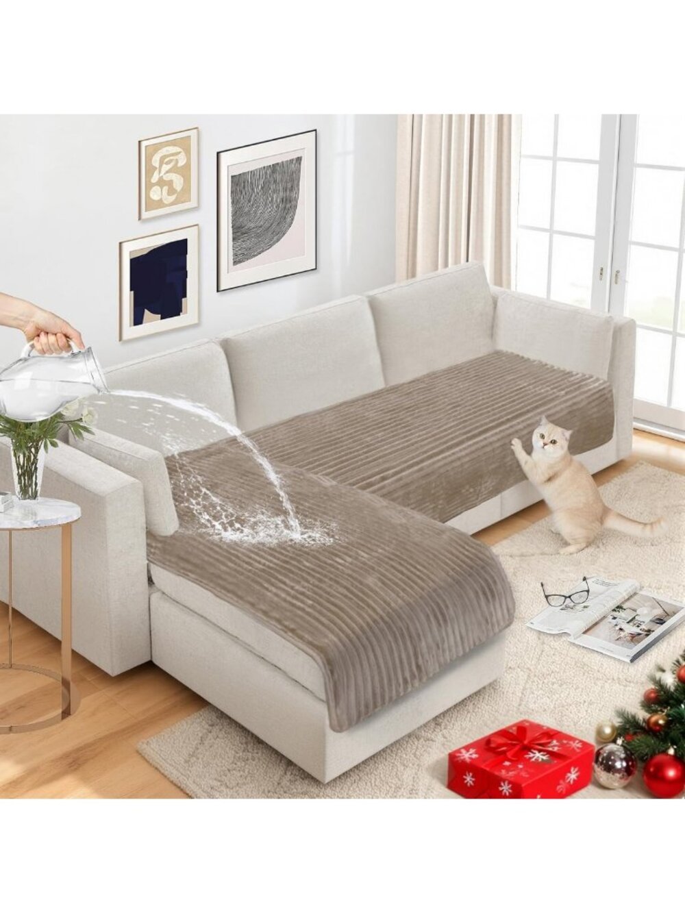 Waterproof Dog Couch Cover Set, Flannel Striped Pet-Friendly Slipcovers